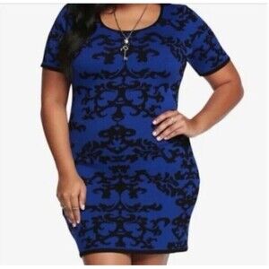 TORRID Womens Plus Size 2X Sweater Dress Geometric Blue Black Rayon Stretch NWT